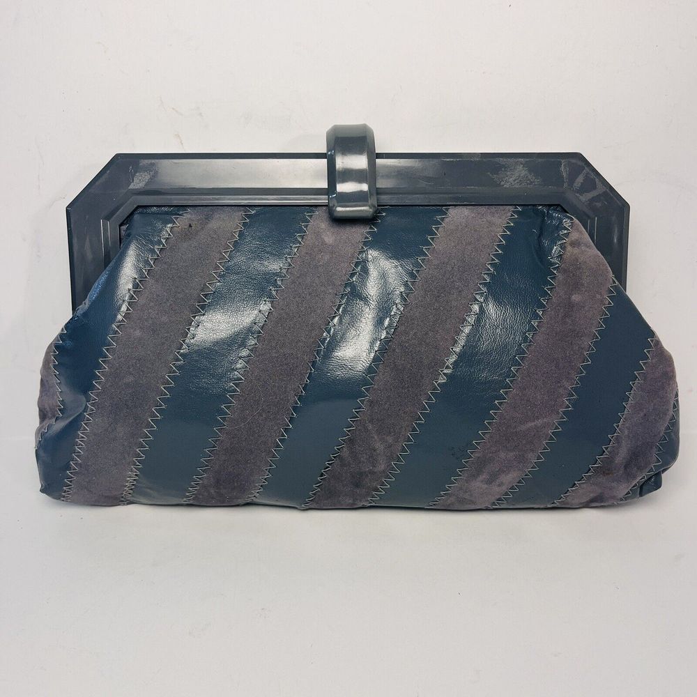 Vintage La Regale Blue Gray Clutch Purse Diagonal Stripes Faux Leather Suede